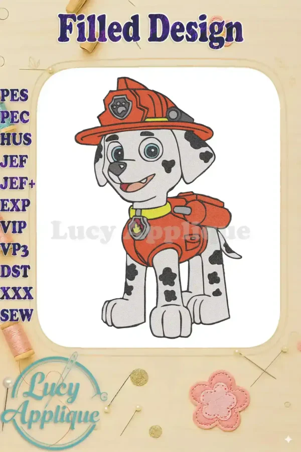 Embroidery design of Marshall from Paw Patrol, wearing his firefighter hat and uniform, standing in a friendly pose. This filled design is ready to stitch.