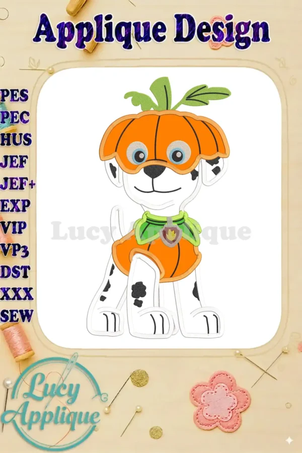 Adorable applique design of Marshall from Paw Patrol dressed in a pumpkin costume for Halloween. The design is ready to be stitched using various embroidery formats.