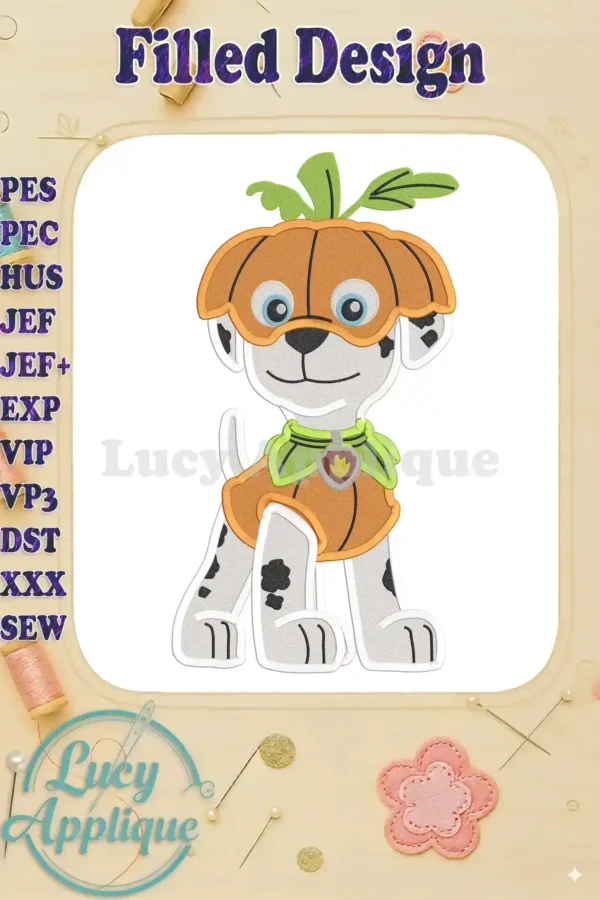 Embroidery design of Marshall from Paw Patrol dressed in a pumpkin costume for Halloween. The design is filled and ready to be stitched. Perfect for adding a festive touch to your projects.