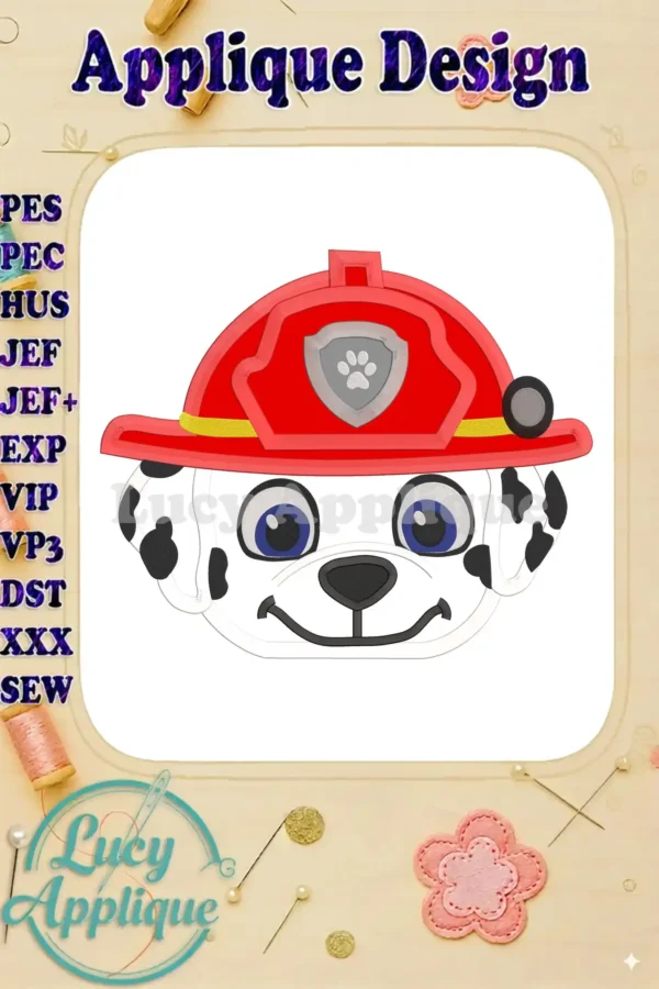 Applique embroidery design of Marshall from Paw Patrol, wearing his firefighter hat. The design is shown on a white background with colored thread details.