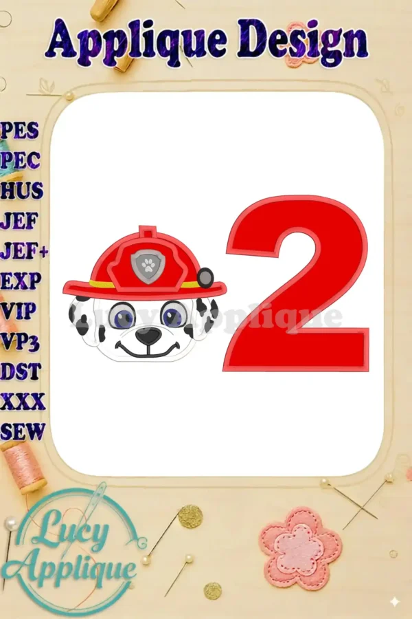 Applique design featuring Marshall from Paw Patrol wearing a firefighter hat, next to the number 2. Perfect for a birthday!