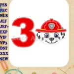 Marshall Paw Patrol Head 02 Birthday Number 3 Applique Design - Instant Download