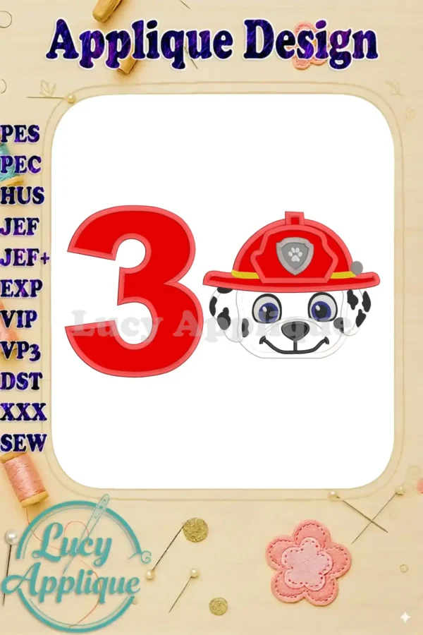 Embroidery design featuring Marshall from Paw Patrol, wearing a firefighter hat, next to the number 3. Perfect for a 3rd birthday celebration.