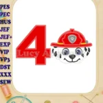 Marshall Paw Patrol Head 02 Birthday Number 4 Applique Design - Instant Download