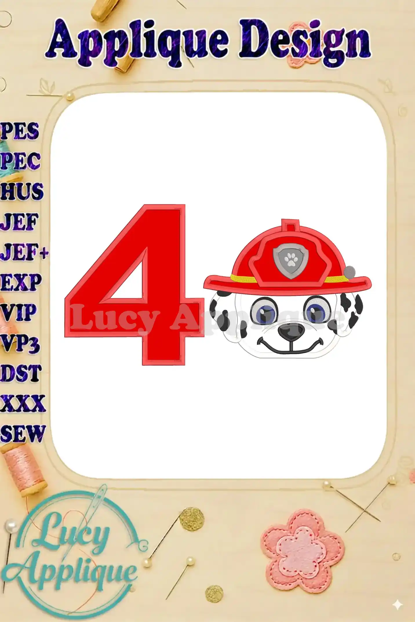 Embroidery design featuring Marshall from Paw Patrol wearing a firefighter hat, next to the number 4. Perfect for a 4th birthday celebration.