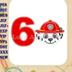 Marshall Paw Patrol Head 02 Birthday Number 6 Applique Design - Instant Download