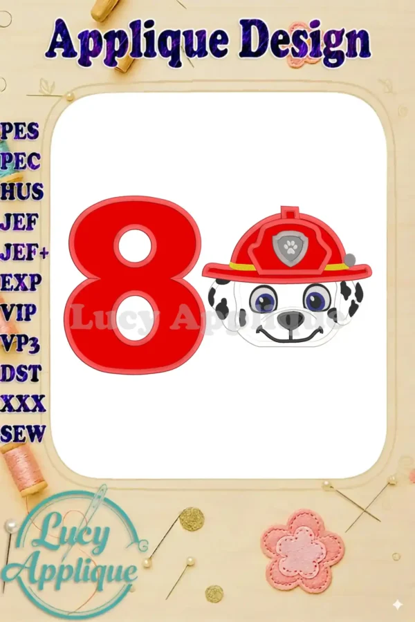 Embroidery design featuring Marshall from Paw Patrol wearing a firefighter hat, next to the number 8. Applique design, suitable for an 8th birthday.