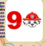 Marshall Paw Patrol Head 02 Birthday Number 9 Applique Design - Instant Download