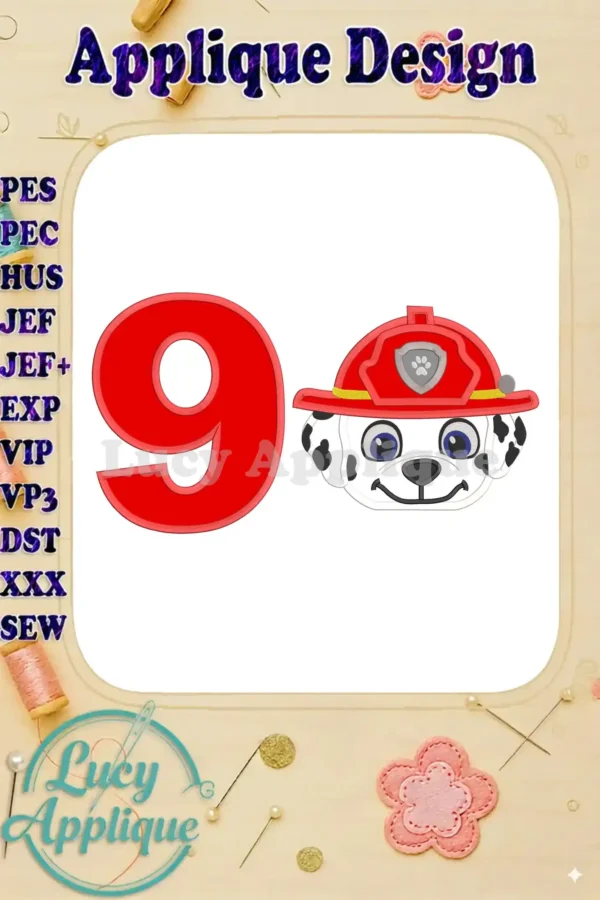 Embroidery design featuring Marshall from Paw Patrol, wearing a firefighter hat, next to the number 9. This applique is perfect for a 9th birthday celebration.