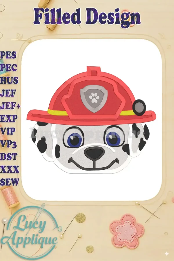 Embroidery design of Marshall from Paw Patrol, wearing his firefighter hat. Filled design, suitable for various fabrics and projects. High-quality stitching.