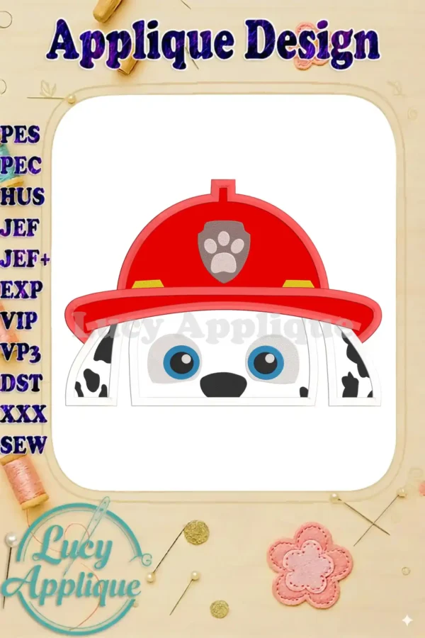 Applique design of Marshall from Paw Patrol, wearing his firefighter hat. The design is presented on a white background, with various file format options listed.