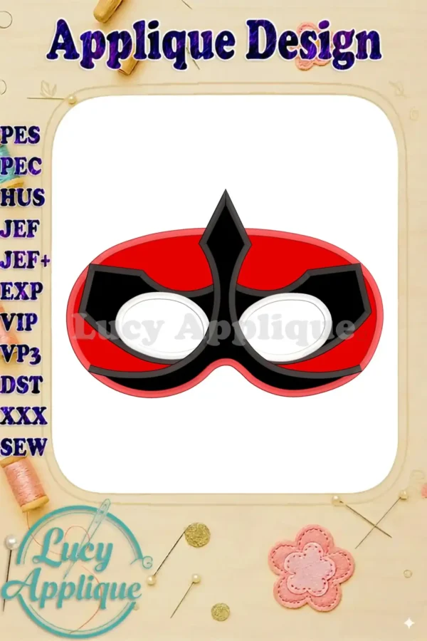 Applique design of a Power Rangers Samurai mask, predominantly red and black, ready to be embroidered. The design is shown on a white background within a decorative frame.