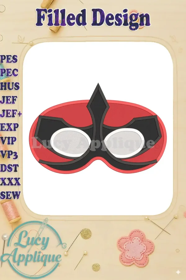 Embroidery design showcasing a Power Rangers Samurai-inspired mask, filled with vibrant red and black details. Perfect for customizing apparel or accessories.