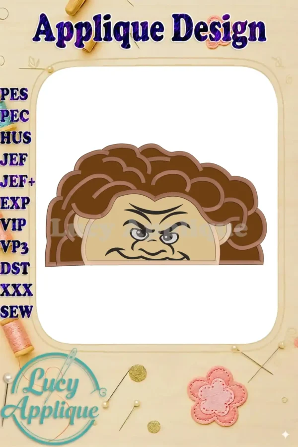 Embroidery design of Maui's head from Moana, shown as an applique. The design is brown and features Maui's signature grumpy expression.