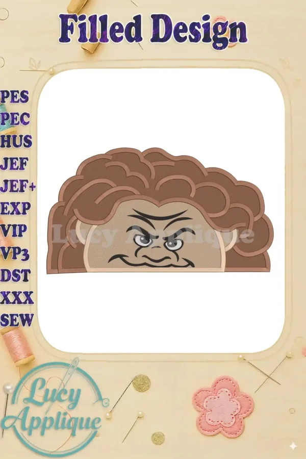 A filled embroidery design of Maui from Disney's Moana, showcasing his signature grumpy expression and wild hair. The design is presented on a white background within a decorative frame.