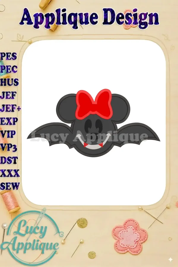 Minnie Mouse dressed as a vampire bat, wearing a red bow. Applique embroidery design in grayscale with red accents. Perfect for Halloween projects!