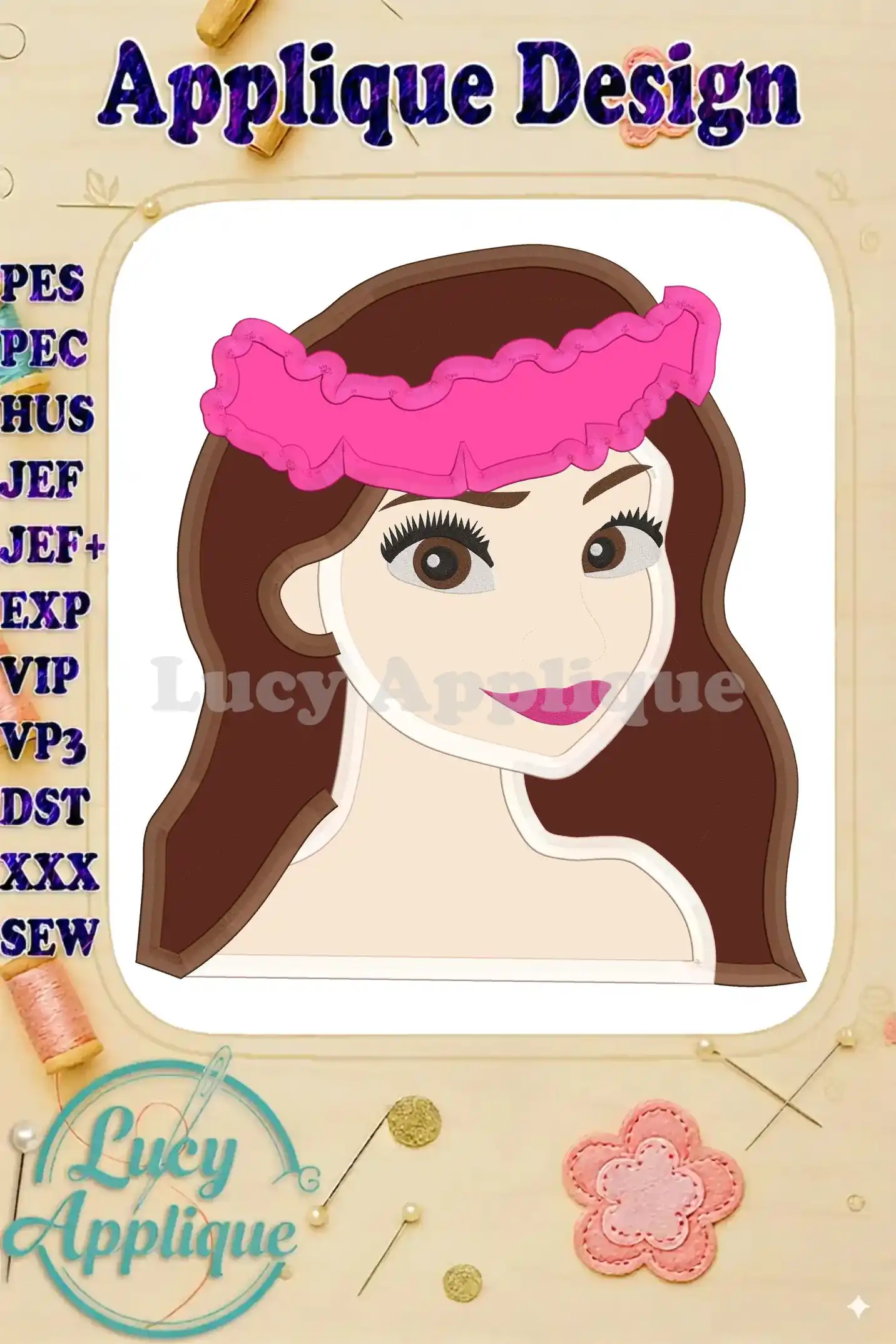 Moana applique embroidery design showcasing a charming depiction of Moana wearing a flower lei. The design is presented against a white background, with various file formats listed.