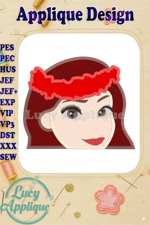 Moana Applique Embroidery Design: A charming close-up of a Moana face applique, ready to be stitched. The design includes a red flower crown.