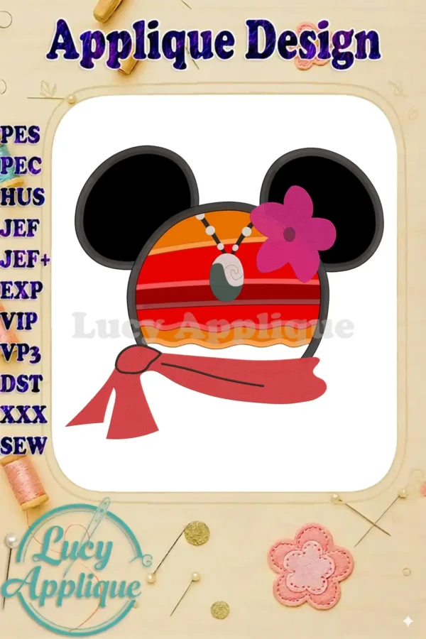 Main image showcasing a Moana-themed Mickey Mouse applique embroidery design with vibrant colors and a flower. Includes various file format options.