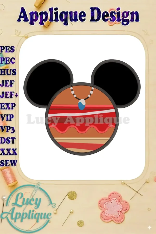 Main image showcasing a Moana-themed Mickey Mouse applique embroidery design. The design features Moana's iconic attire on Mickey's face, with detailed stitching and layered colors.
