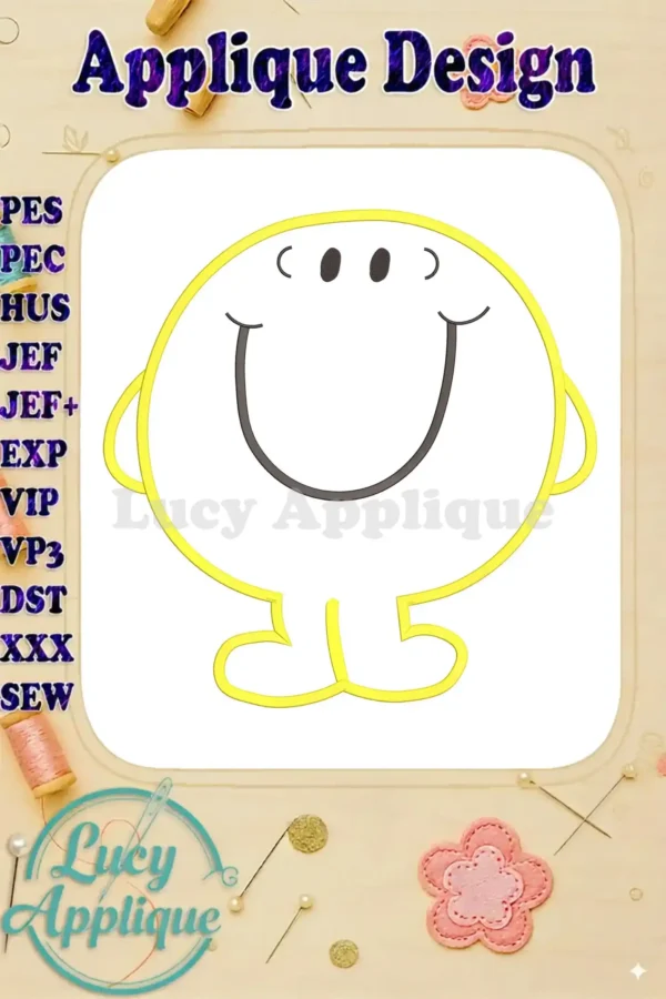 Mr. Men Mr. Happy applique embroidery design outline, showcasing a cheerful yellow character with a simple, iconic design. Various file formats are listed.
