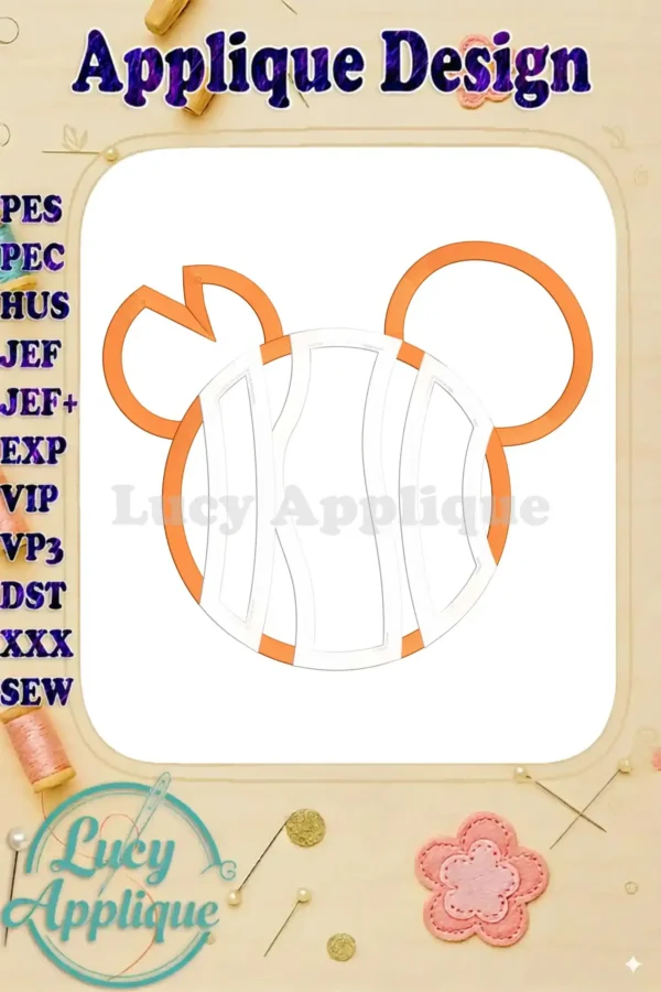 Main image showcasing a cute Nemo Mickey Mouse applique embroidery design in orange and white, ready to be stitched. Various embroidery file formats are listed.