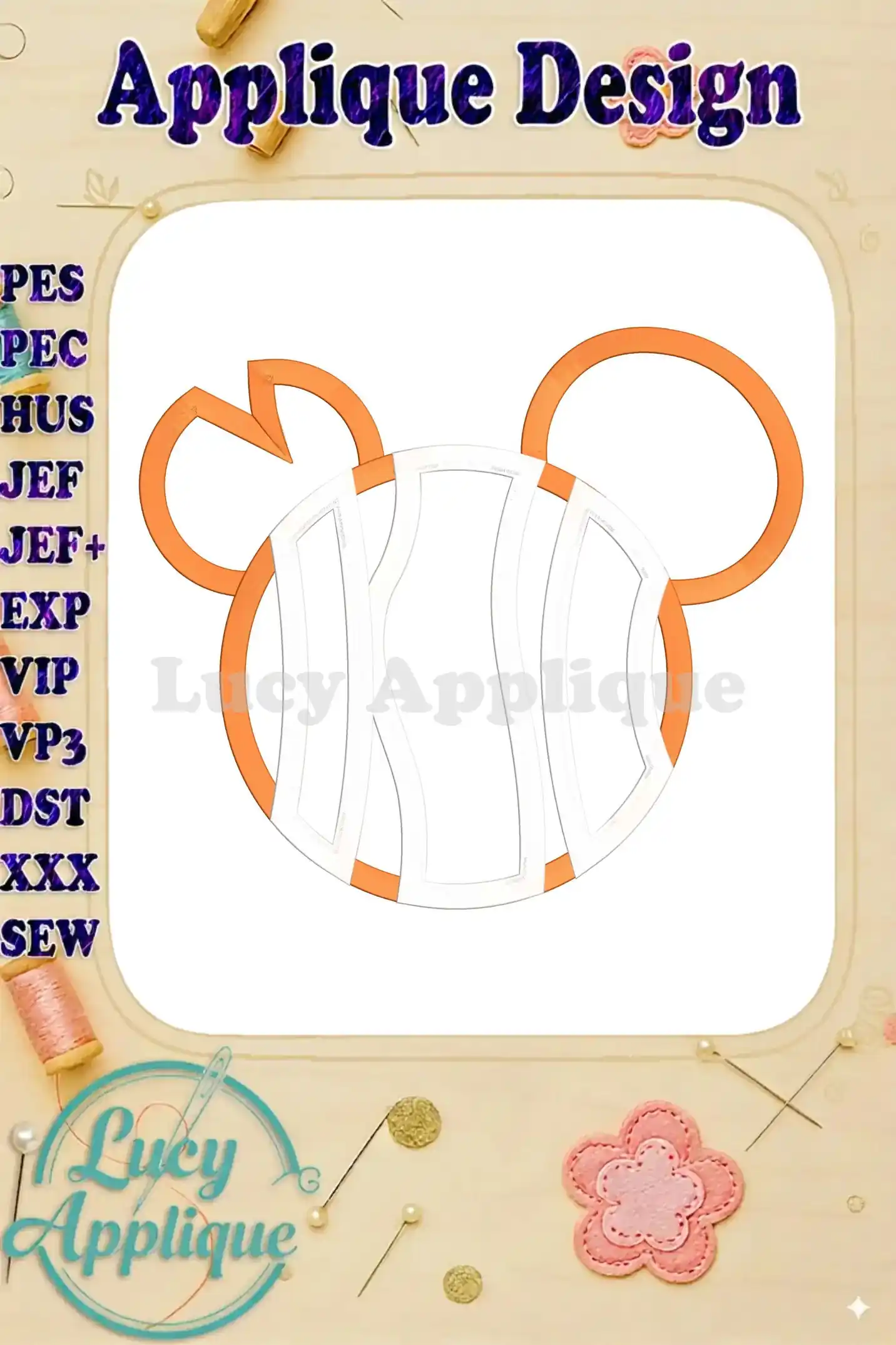 Main image showcasing a cute Nemo Mickey Mouse applique embroidery design in orange and white, ready to be stitched. Various embroidery file formats are listed.