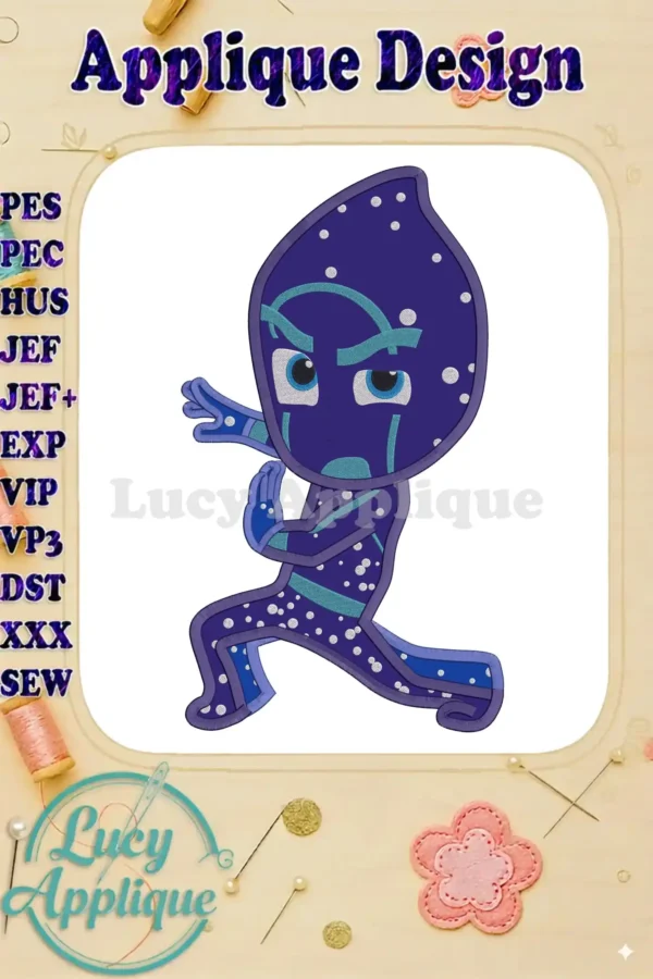 Applique embroidery design of Night Ninja from PJ Masks, shown in a vibrant purple and teal color scheme, ready to be stitched. The design is presented on a beige background with sewing tools.