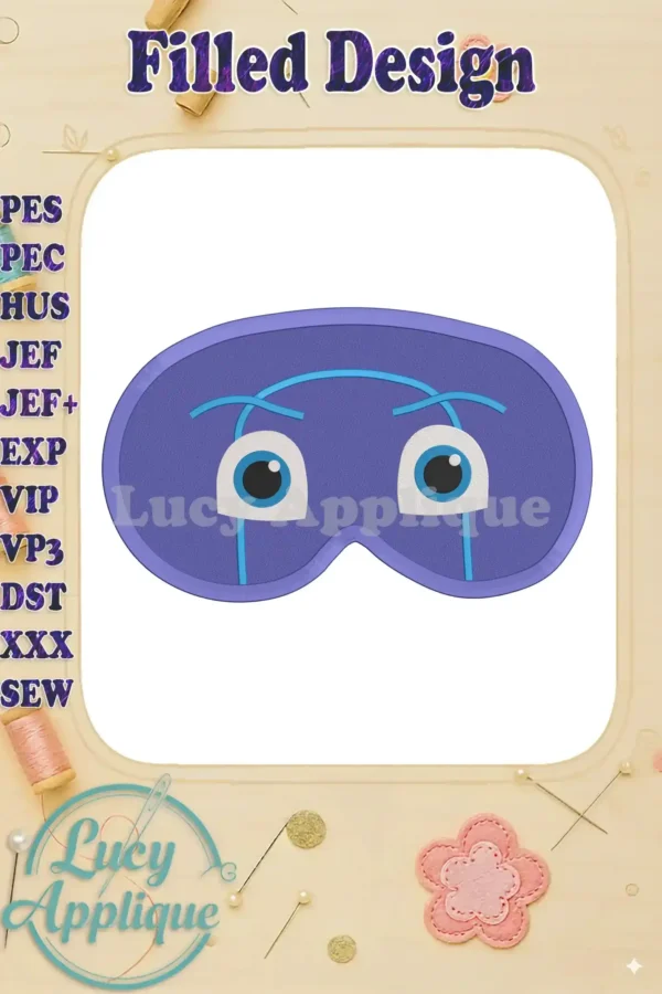 Embroidery design of a PJ Masks Night Ninja sleep mask, purple with white eyes and light blue eyebrows, in a filled stitch style.
