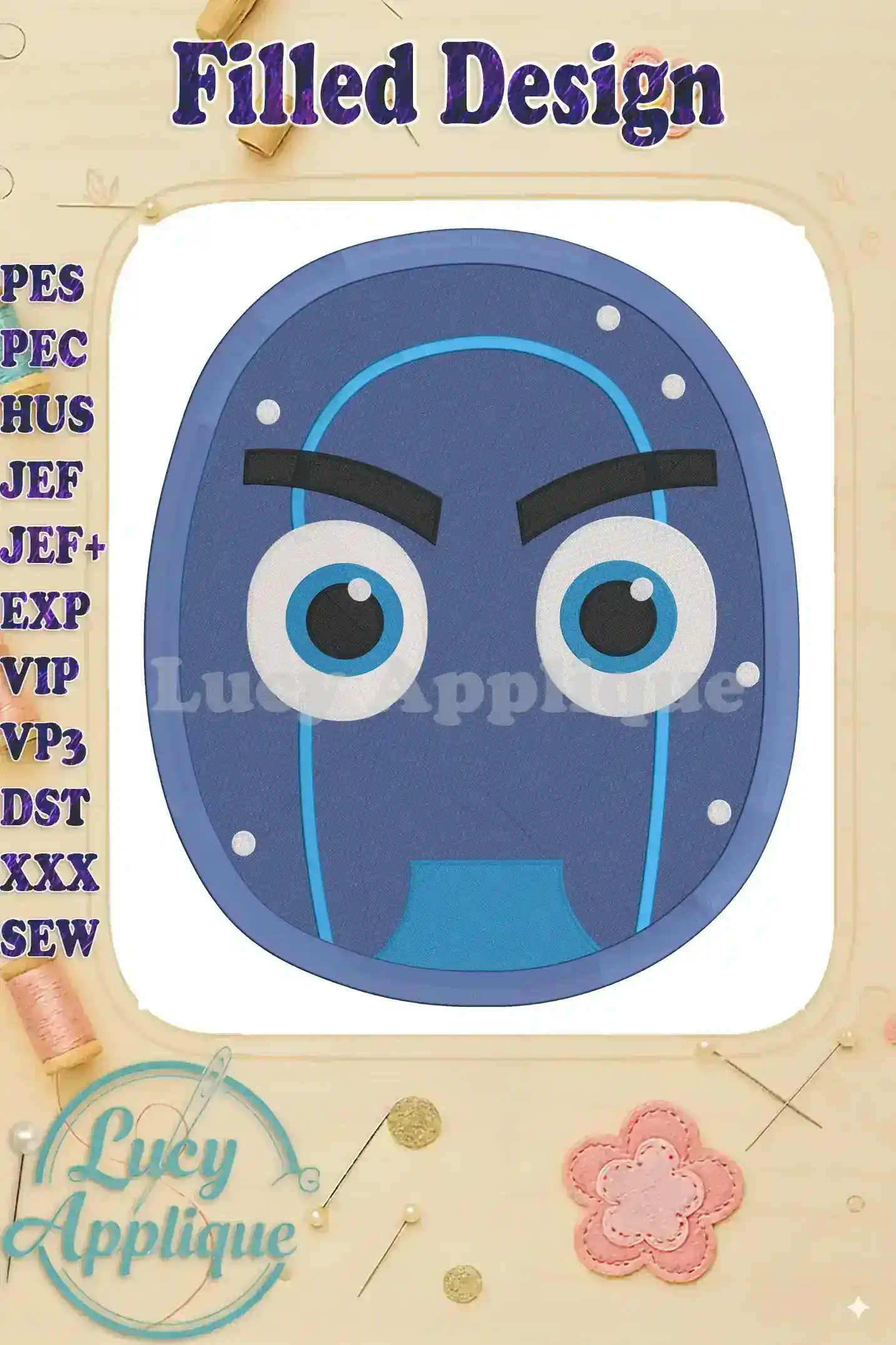 Embroidery design of Night Ninja from PJ Masks. The design is a filled, detailed rendering of his face with a grumpy expression, suitable for machine embroidery.