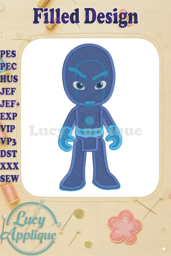 Embroidery design of Night Ninja from PJ Masks. The design is in filled stitch, showing Night Ninja in a superhero pose, with a blue and dark blue color scheme.