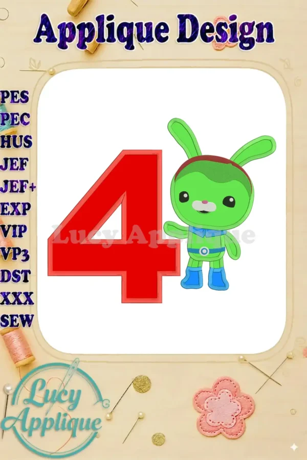 Octonauts Tweak Applique Embroidery Design: A charming image showcasing a green rabbit character, Tweak, from Octonauts, next to a large red number 4, perfect for a 4th birthday celebration.
