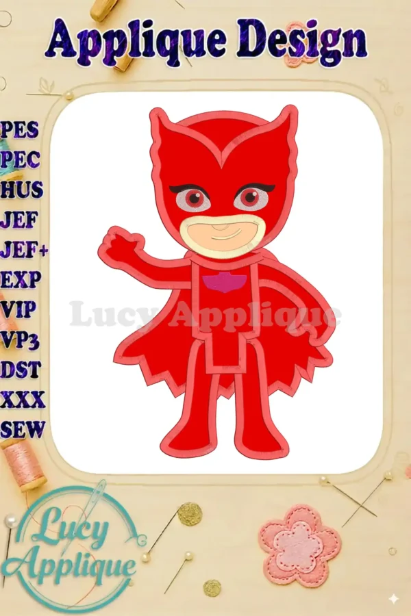 Embroidery design of Owlette from PJ Masks, shown in red and pink, in applique style. The design is presented on a white background with decorative elements.