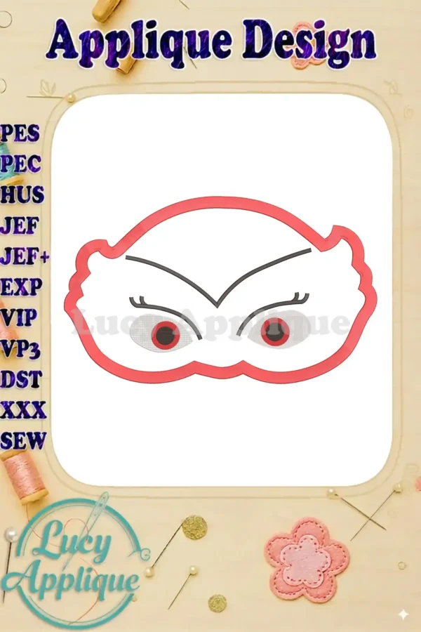 Owlette applique embroidery design showcasing red and white thread, featuring Owlette's signature eyes and facial features. Perfect for kids' projects!