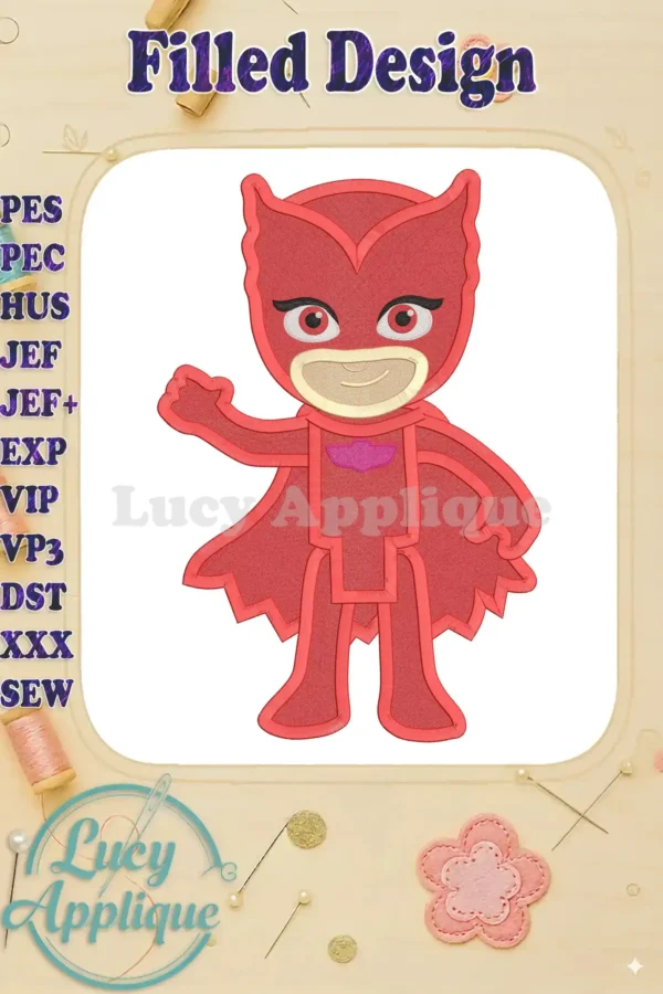 A vibrant filled embroidery design of Owlette from PJ Masks, standing with her arm raised. This digital design is available for download.