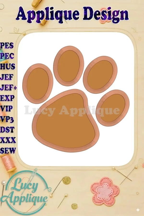 Embroidery design of a golden-brown paw print, titled 'Applique Design'. Various file formats are listed, suggesting compatibility with many embroidery machines.