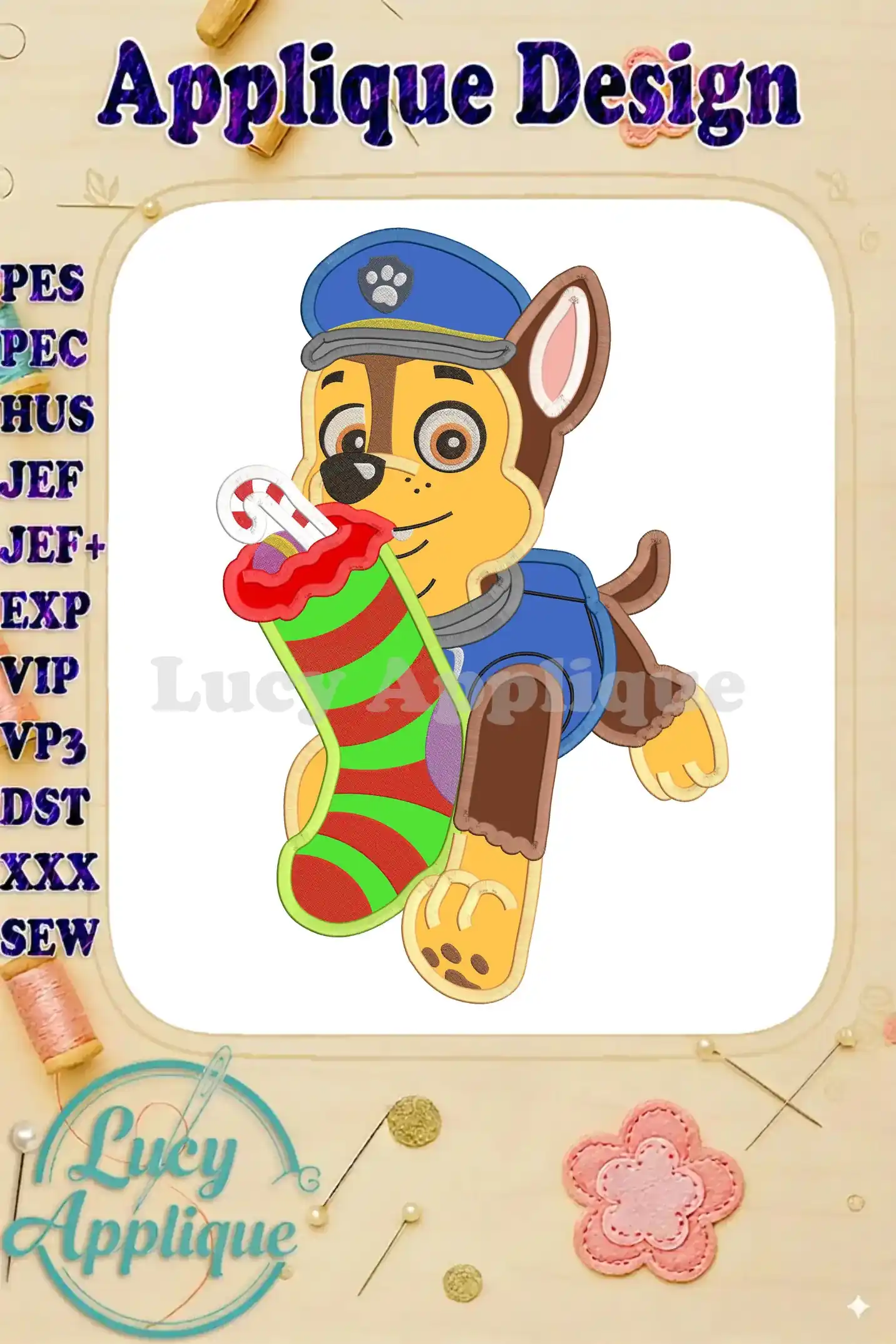 Embroidery design of Chase from Paw Patrol holding a Christmas stocking. Applique design with colorful details and festive elements.