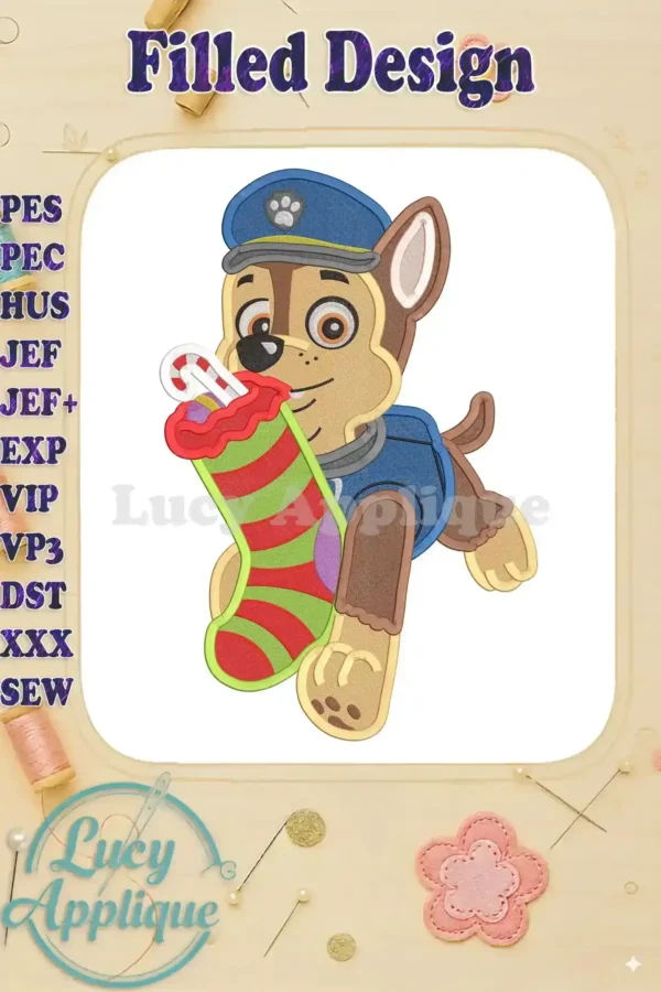Paw Patrol Chase Christmas Fill Embroidery Design. A charming image of Chase holding a Christmas stocking. Perfect for holiday projects, filled stitch style.
