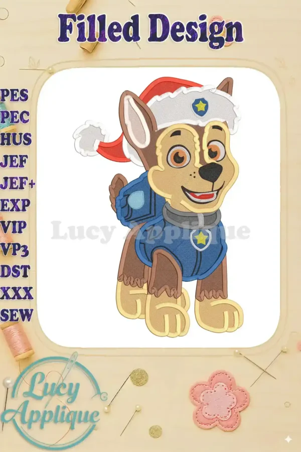 Embroidery design of Chase from Paw Patrol wearing a Santa hat, ready to add holiday cheer to your projects. This filled design is easy to stitch.