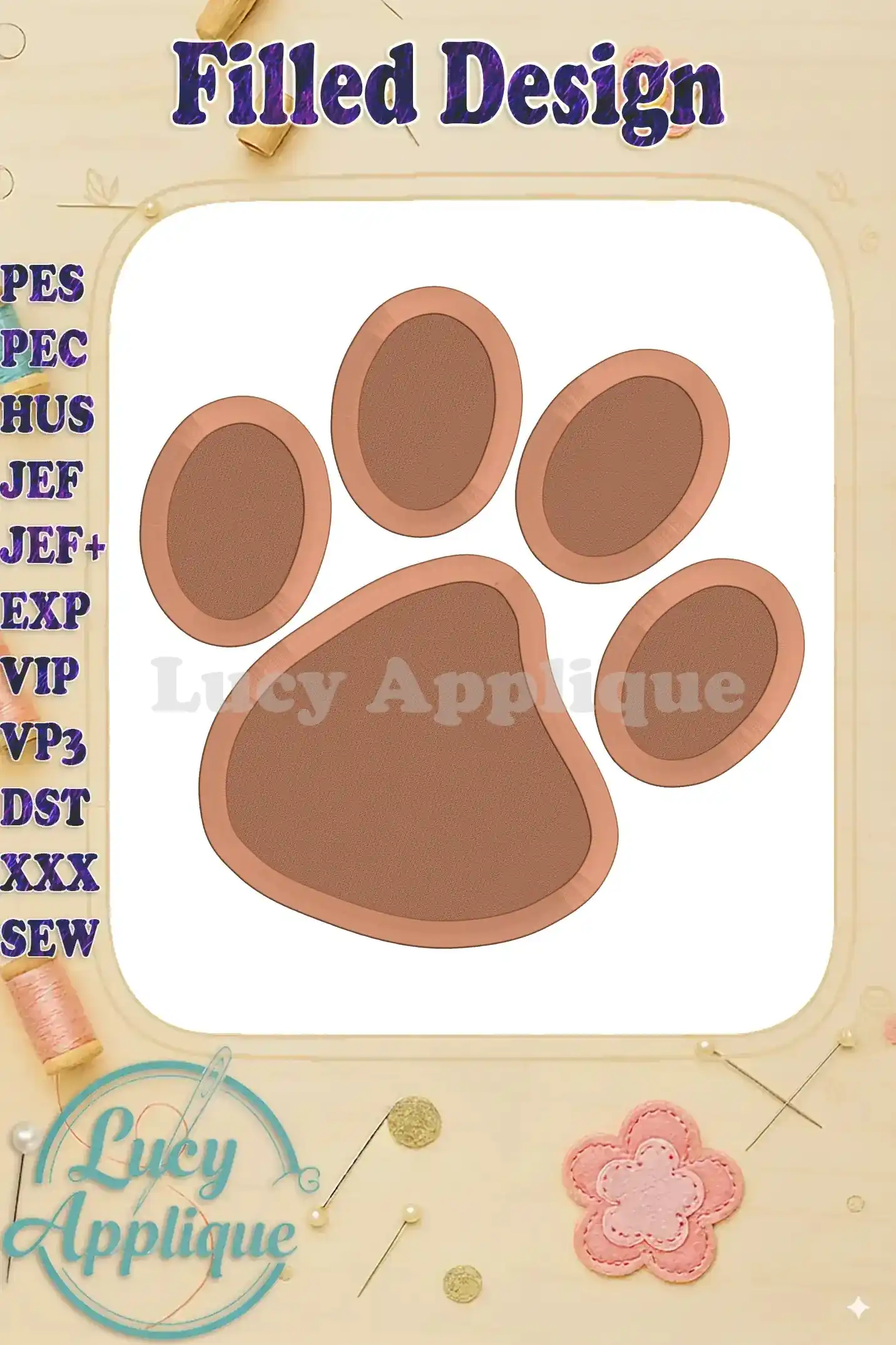A filled embroidery design of a Paw Patrol paw print in brown, shown on a white background. The design is surrounded by a decorative border. Various embroidery file formats are listed.