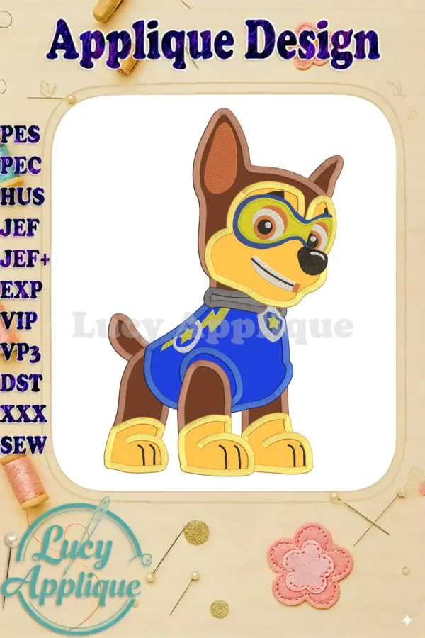 Embroidery design of Chase from Paw Patrol dressed in a superhero costume for Halloween. The design is an applique, suitable for sewing projects.