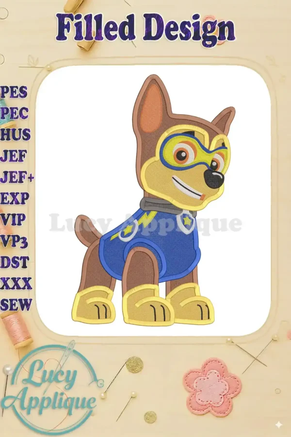 Embroidery design of Chase from Paw Patrol in a Halloween costume. The design is filled and features vibrant colors, perfect for adding a festive touch to any project.