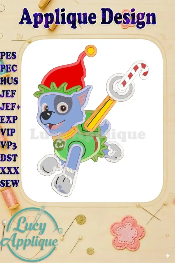 Adorable applique design of Paw Patrol's Rocky dressed as a Christmas elf, holding a candy cane. Perfect for holiday sewing projects!