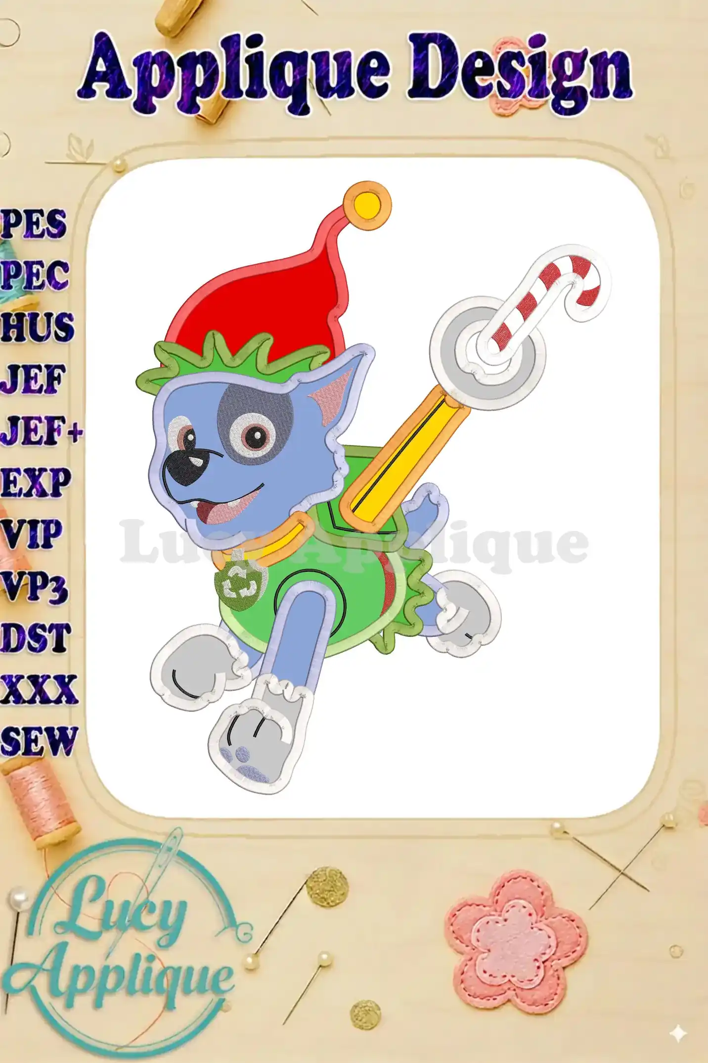 Adorable applique design of Paw Patrol's Rocky dressed as a Christmas elf, holding a candy cane. Perfect for holiday sewing projects!