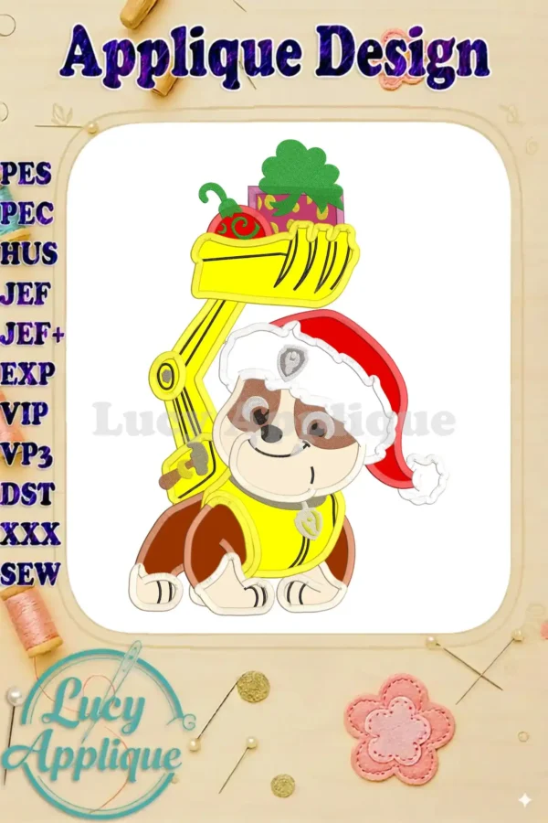 Embroidery design of Rubble from Paw Patrol wearing a Santa hat, holding Christmas gifts in his construction vehicle.