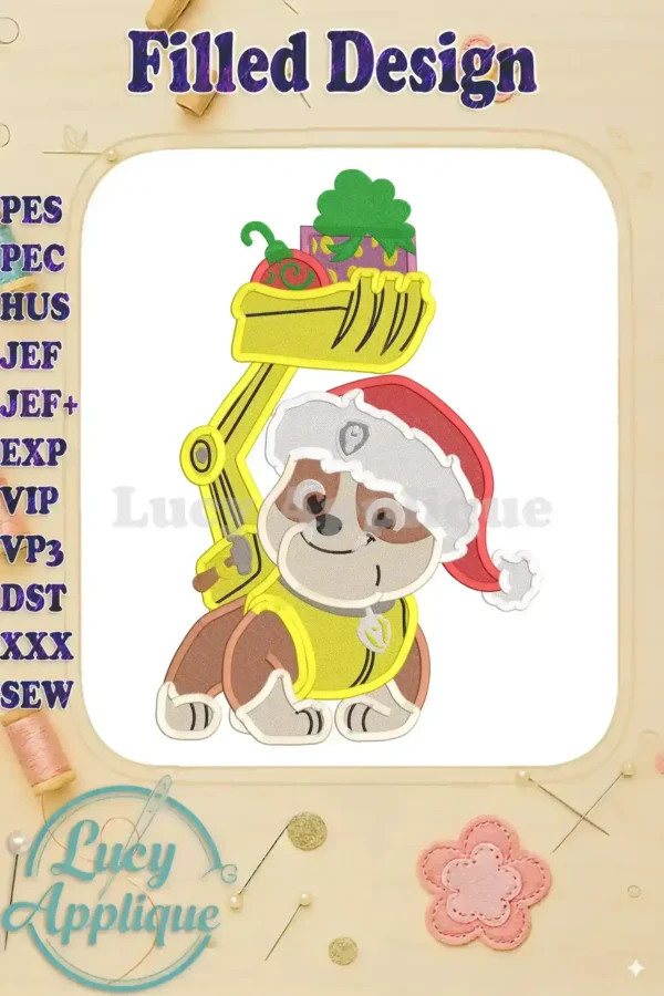 Embroidery design featuring Paw Patrol's Rubble wearing a Santa hat and holding gifts in his construction vehicle.