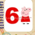 Peppa Pig Birthday Number 6 Applique Design - Instant Download