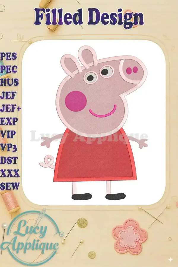 Main image showcasing a charming filled embroidery design of Peppa Pig, standing in her signature red dress, ready to be stitched onto various fabrics.