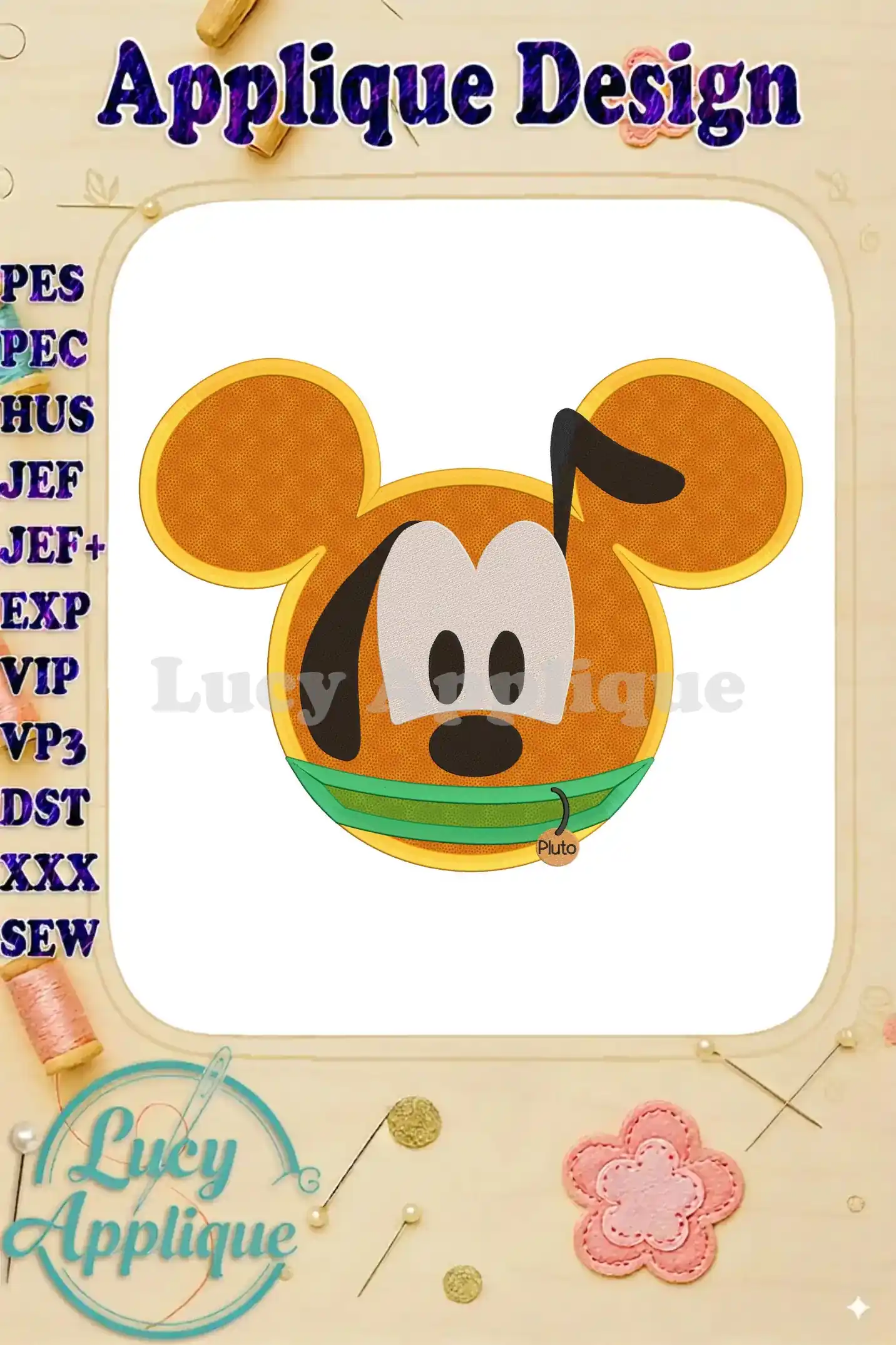Adorable Pluto's face with Mickey Mouse-style ears, wearing a green mask, featured in an applique embroidery design. The design includes various stitch types and color changes.