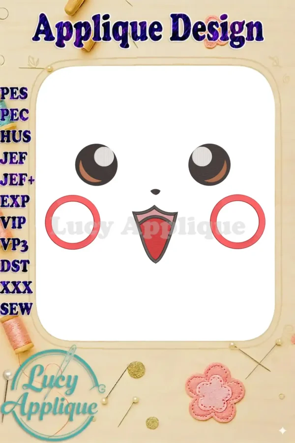 Main image showcasing a cute Pokemon-inspired applique embroidery design, featuring a charming face with big eyes and a cheerful expression. The design is presented on a white background and includes various file formats.